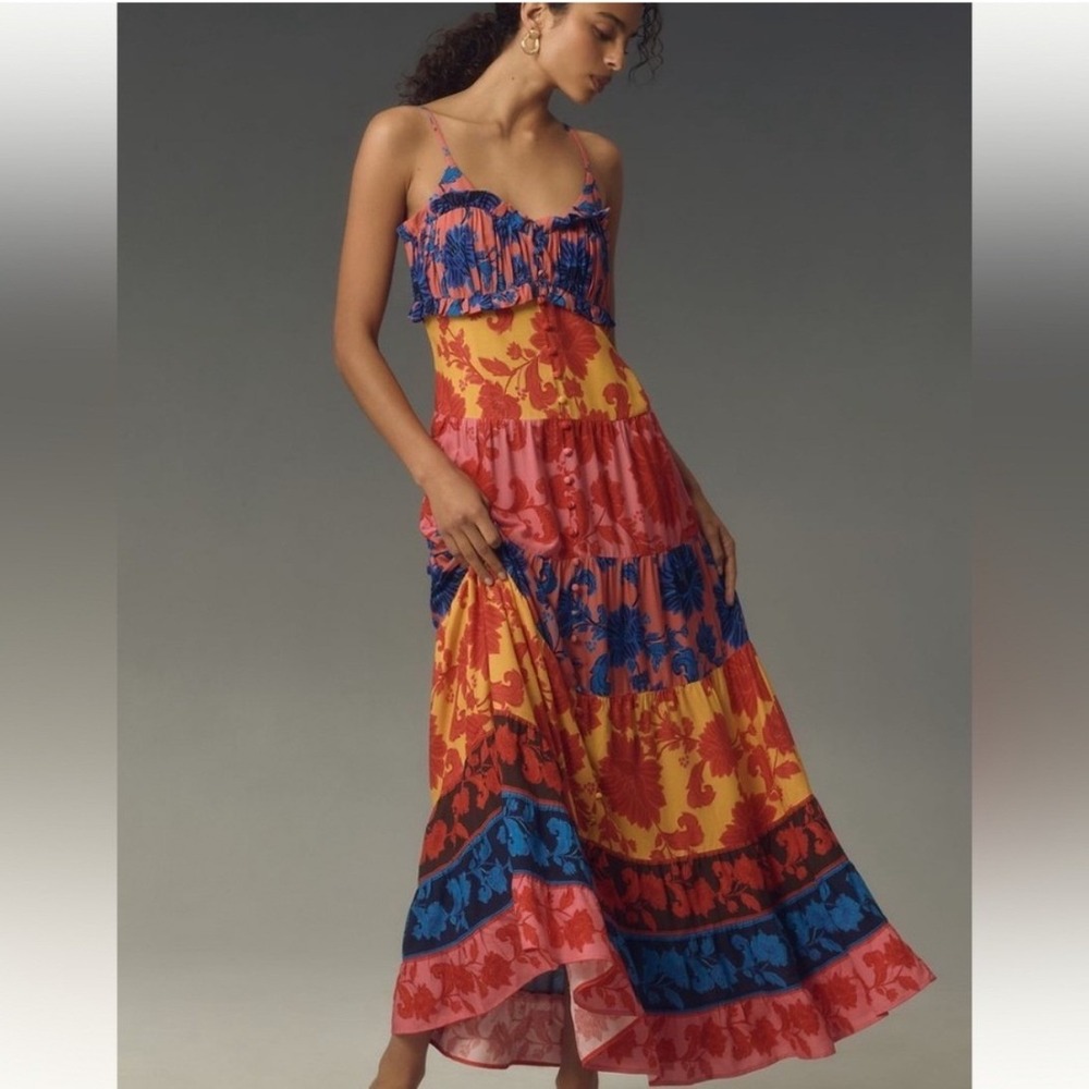 FARM Rio x Anthropologie Tiered Maxi Dress Floral Button Front Multi-Color XS